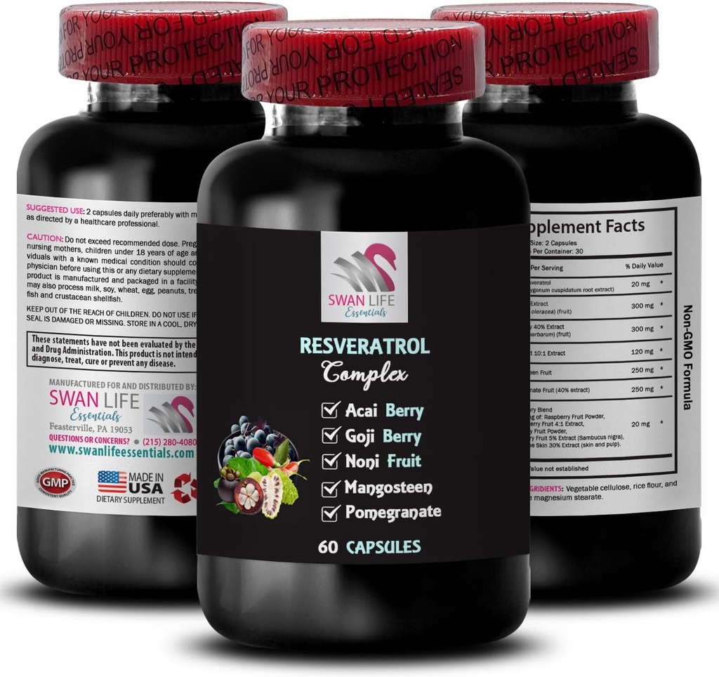 Polyfenolkomplex - RESVERATROL COMLEX - Daglig support, Grape Skin Boost, Berry Power, Elderberry Styrka, naturliga extrakt, Energizing Support, Pomegranate Boost, Whole Fruit 1 flaska 60 kapslar