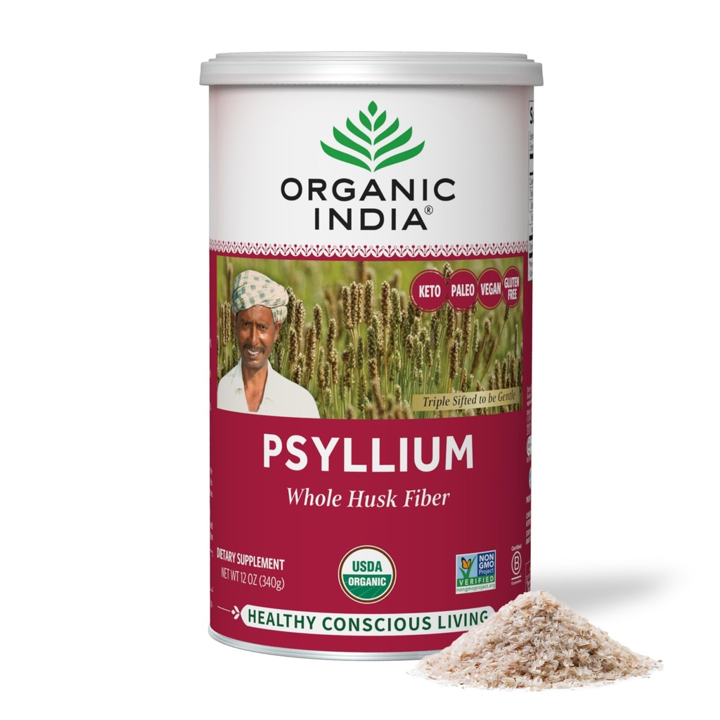 ORGANIC INDIA Psyllium Herbal Powder - Whole Husk Fiber, Healthy Elimination, Keto Friendly, Vegan, Gluten-Free, USDA Certified Organic, Non-GMO, Soluble & Insoluble Fiber Source - 12 oz Canister