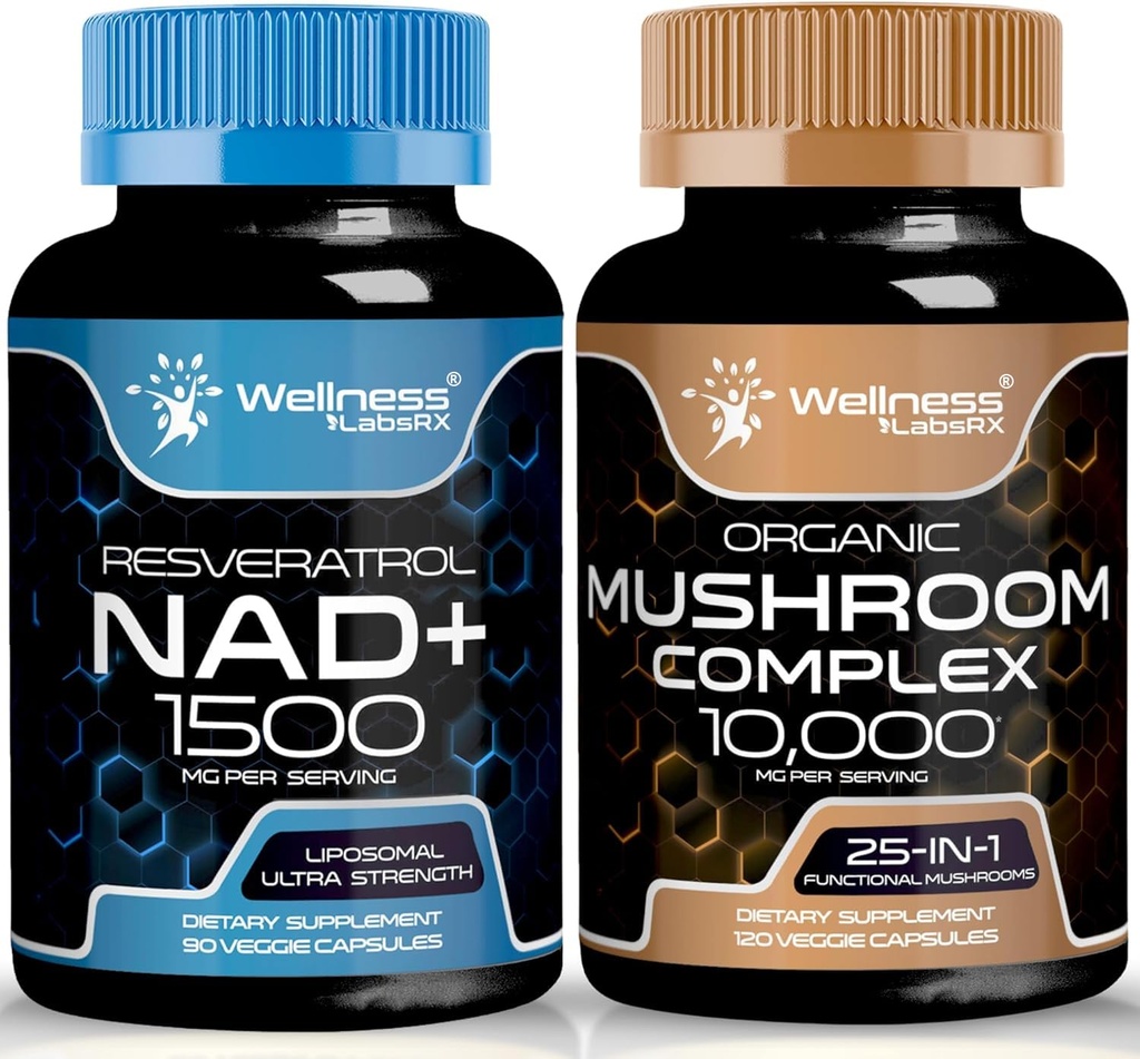 WELLNESS LABSRX NAD Supplement, 1500mg - Liposomal NAD+ Tillägg med Resveratrol | Organic Mushroom Supplement Capsules - 10000mg - 25 i 1 Mushroom Complex Capsules