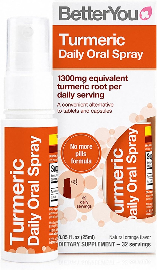BetterYou Turmeric Oral Spray - Natural Liquid Turmeric Supplement - an Easy, Comfortable Pill Alternative - Natural Orange Flavor - 0.85 oz