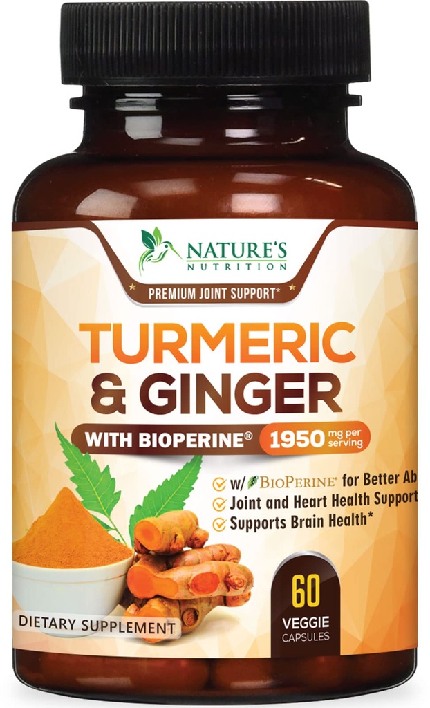 Gurkmeja Curcumin Supplement 1950mg - 95% Curcuminoids med organisk gurkmeja & Ginger, BioPerine Black Pepper för bästa absorption, Naturens Vegan Joint Support, Non-GMO, Bottled i USA - 60 kapslar