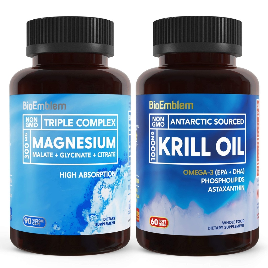 BioEmblem Triple Magnesium Complex och Antarctic Krill Oil, stöder sömn och hjärnhälsa, hjärta och gemensam hälsa, främjar kardiovaskulär hälsa och stöder avkoppling
