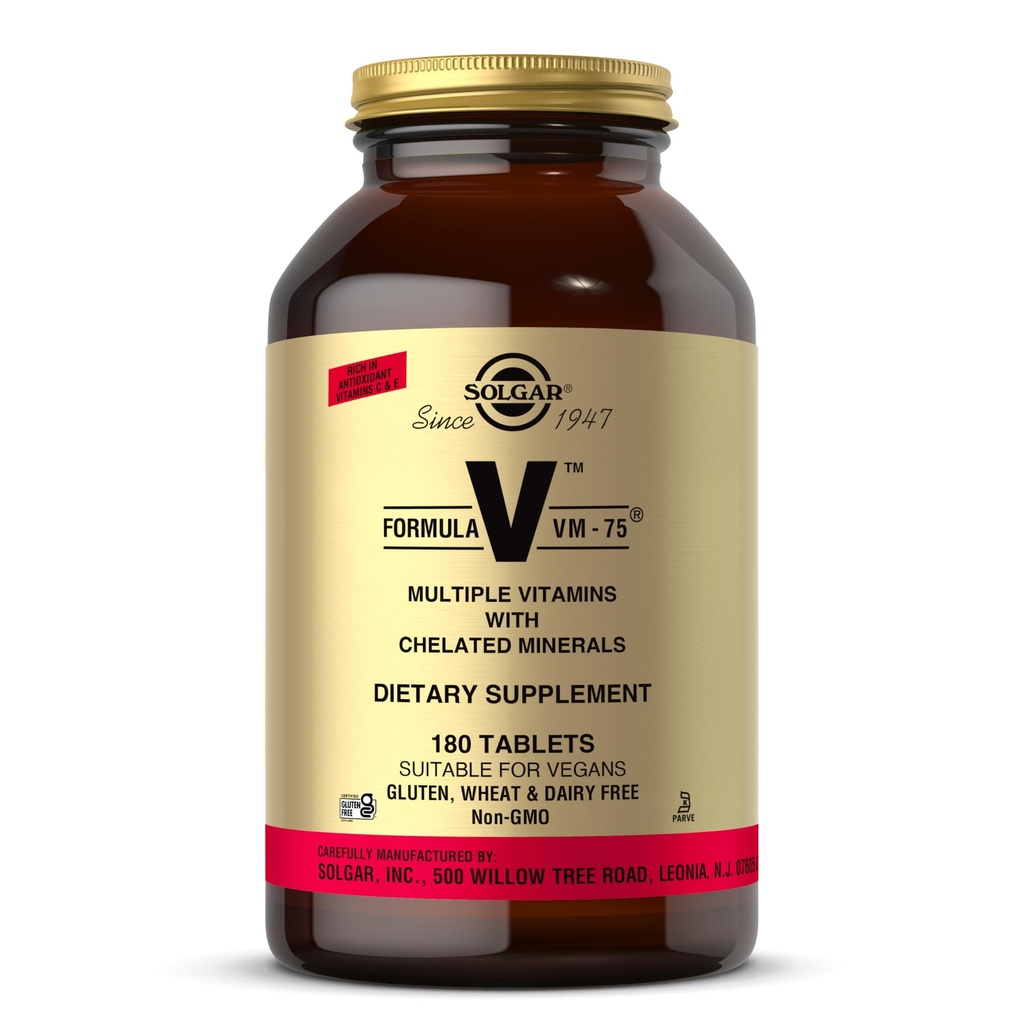 Solgar Formel VM-75, 180 tabletter - Multivitamin med chelated Minerals - Vitamin A, B6, B12, C, D, E - Biotin, Magnesium, Calcium, Järn, Zink - Vegan, Gluten Free, Dairy Free, Kosher - 180 portioner