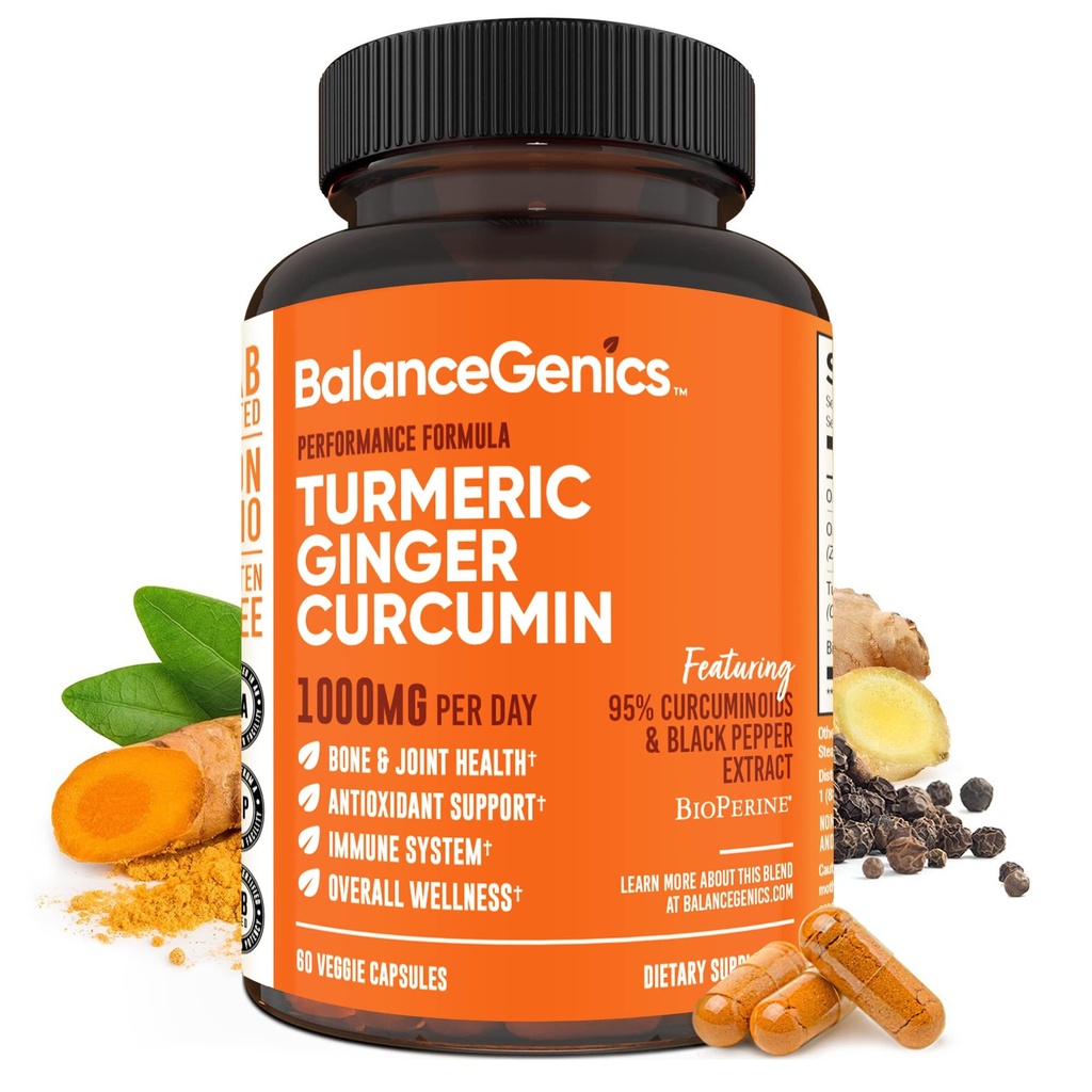 Gurkmeja Curcumin Supplement med Black Pepper & Ginger Root 1000mg | Optimerad Formel 95% Curcuminoids Curcuma | Joint Health & Inflammation Support | 60 kapslar Pulver Fylld