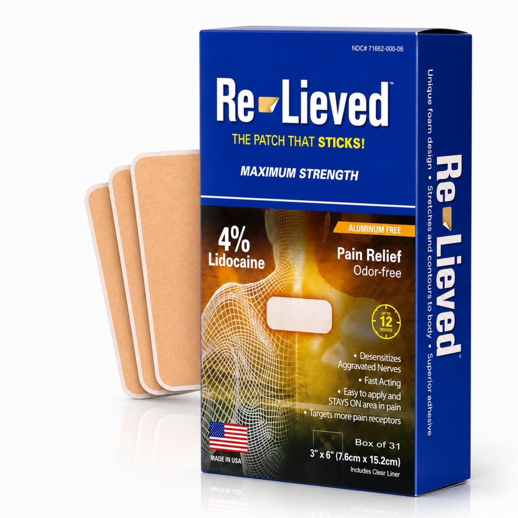 Re-Lieved 4% Lidocaine Patches Maximum Strength - Aluminium-Free, Water Resistant och USA Made -Superior Sticking Pain Relief Patches Relieves Back, Joints and Muscle Pain-3x6 Inches (31 Count)