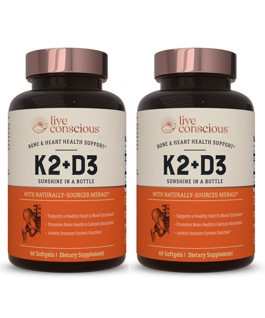 Live Conscious Vitamin K2 MK7 med D3 Supplement | Bone & Heart Health Support - Patented Vitamin K & Vitamin D3 5000 IE (2-Pack)