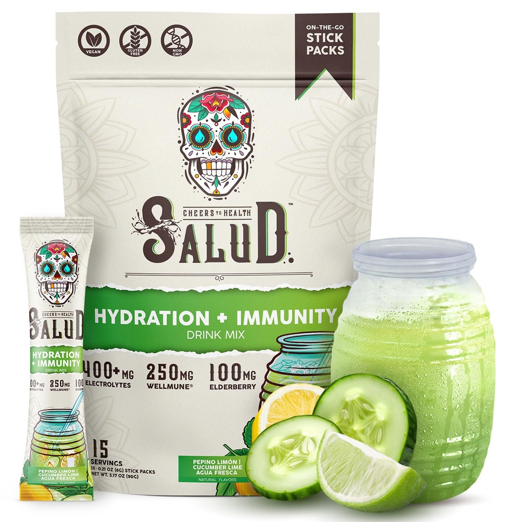 Salud 2-in-1 Hydration Packets + Immunity Electrolytes Powder, Cucumber Lime - Agua Fresca Drink Mix, Elderberry, Dairy & Soy Free, Non-GMO, Gluten Free, Vegan, Low Calorie, 1g Sugar (15 Servings)