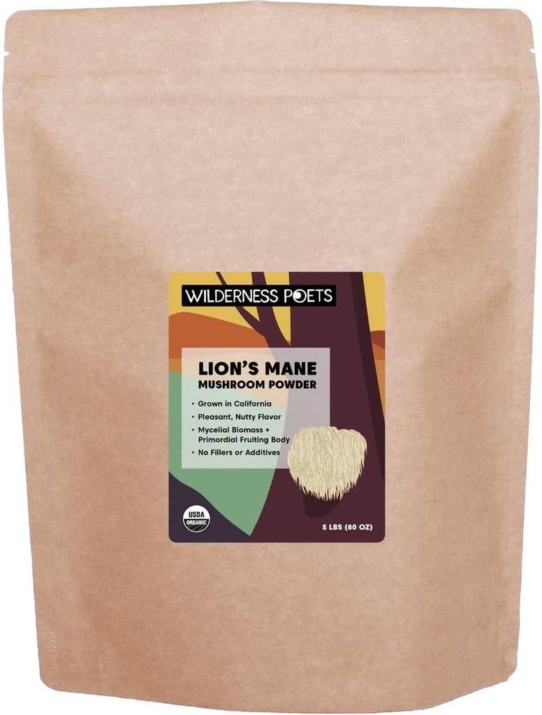 Wilderness Poets Organic Lion's Mane Mushroom Powder - California Grown (80 Ounce - 5 Pound)