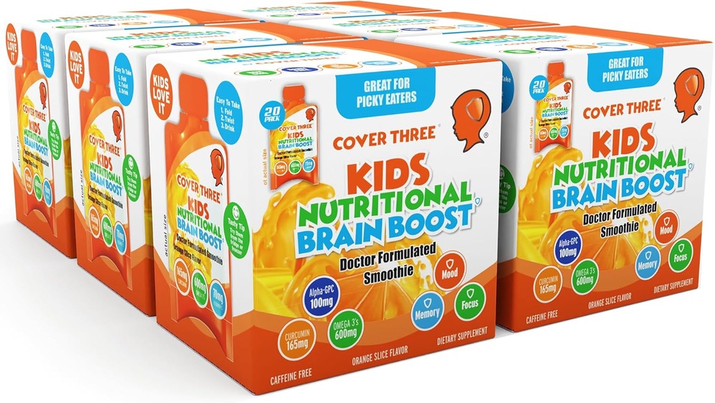 Cover Three Supplements for Kids Brain Supplement Smoothie, Omega 3 Liquid Childrens DHA Fish Oil, Health Kids Focus and Attention, Emotional Support, 20 Pouches, Pack 6
