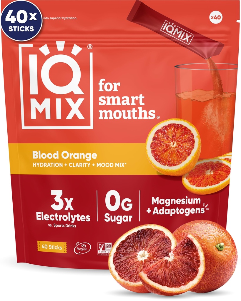 IQMIX Hydration Electrolyte Powder - 4-i-1 Formel för Hydration, Mental Clarity, Mood and Recovery - Sugar-Free Drink Mix, Keto, Magnesium L-Threonate, Lion's Mane - 40 Count Blood Orange