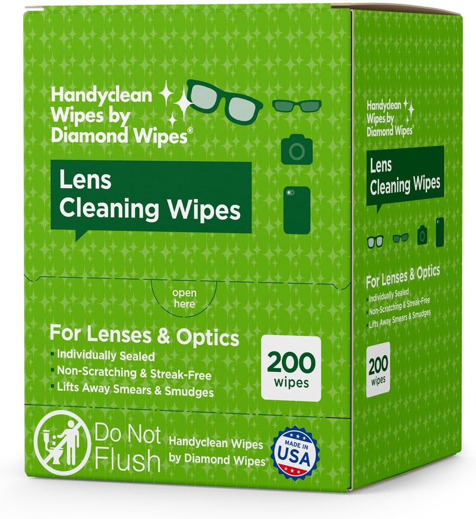 HandyClean Pre-Moistened Lens Rengöring Wipes, Eyeglass Wipes, Screen Wipes, 200 ct av 6 x 5 tum Individuellt packade lins renare Wipes