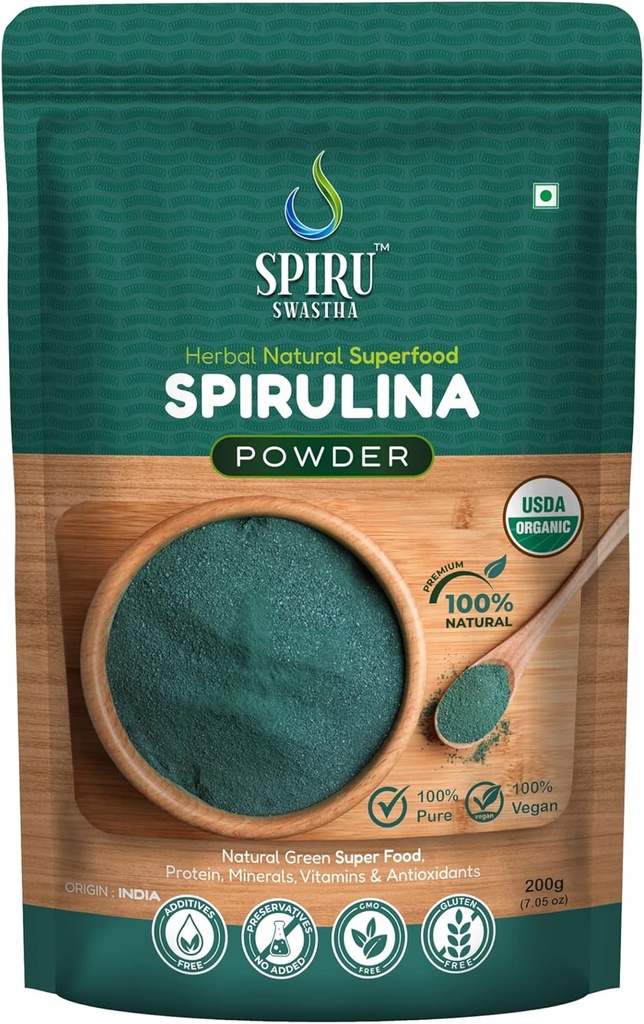 Organisk Spirulinapulver, 100% Vegan, Herbal Natural Food med protein, vitaminer, mineraler, icke-GMO, icke-strålning, USDA Certified (200 Gram)