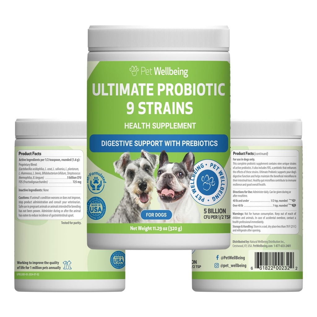 Pet Wellbeing Ultimate Probiotic 9 Strains for Dogs & Cats - Stöder Gut Microbiome och Digestion, Immune System Care, Urinary Tract Health, FOS, 2,5 miljarder CFU - 11,29 oz (320 g) Powder