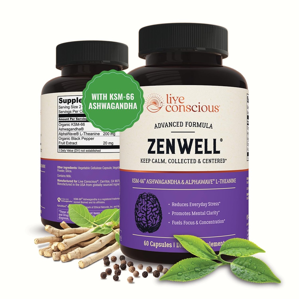 Live Conscious KSM-66 Ashwagandha Supplement w/L Theanine & AlphaWave - ZenWell Everyday Stress Relief, Cognitive, Brain Health - Ashwagandha for Men & Women - 60 Capsules