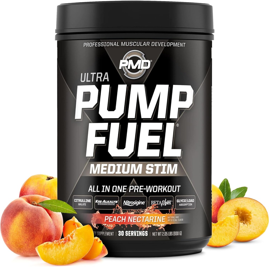 PMD Sport Pump Fuel Ultra Medium Stim - Premium Pre Workout Powder & Muscle Pump, Större Fokus, Uthållighet & Återhämtning, Premium Kreatin, Arginine & Beta Alanine - Peach Nectarine (30 portioner)