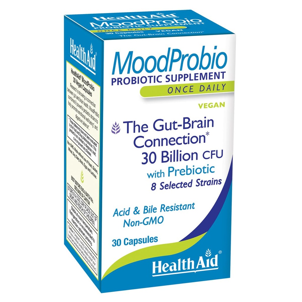 HealthAid MoodProbio 30 Ct, 30 miljarder CFU med prebiotiska, 8 utvalda stammar, en gång dagligen, syra och bilresistent, gluten, mejeri och GMO Free, Vegan