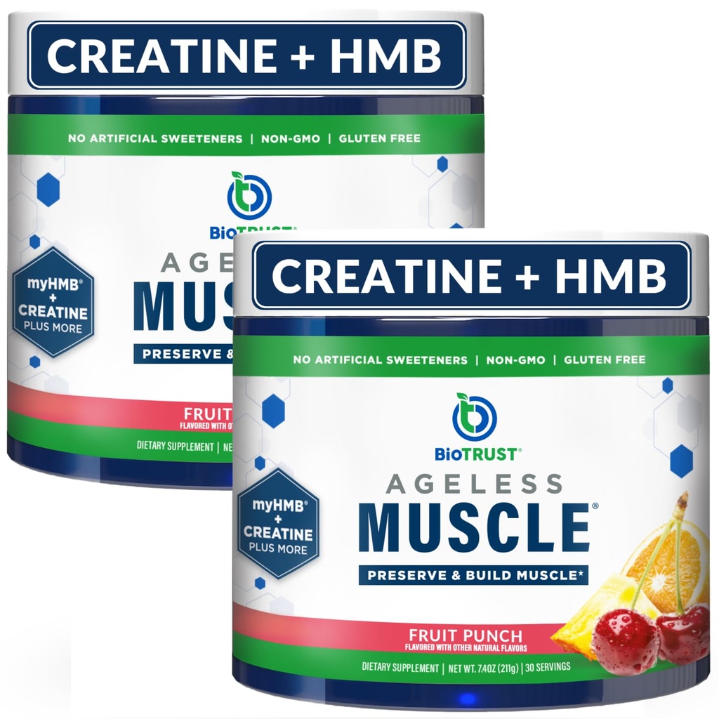 BioTrust Ageless Muscle Builder - Kreatin HMB-pulver med vitamin D3 & Betaine - Bygg och bevara naturligt minskande muskelmassa och styrka - Fruit Punch, 60 portioner