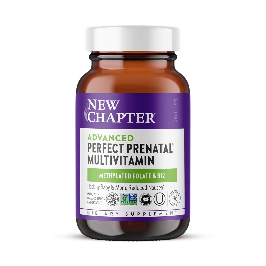 Nytt kapitel Avancerat Perfekt Prenatal Vitaminer, 96ct, Gjord med organiska, icke-GMO Ingredienser för Hälsosam Baby & Mamma - Folat (Methylfolat), Helmat Fermenterad Järn, Vitamin D3 + Ginger