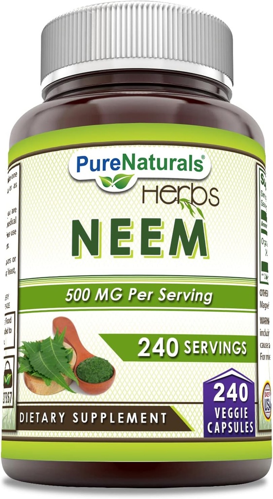 Pure Naturals Neem (Made with Natural Neem Leaf) | 500 Mg per Serving 240 Veggie Capsules Supplement | Non-GMO | Gluten Free | Tillverkad i USA | Perfekt för vegetarianer