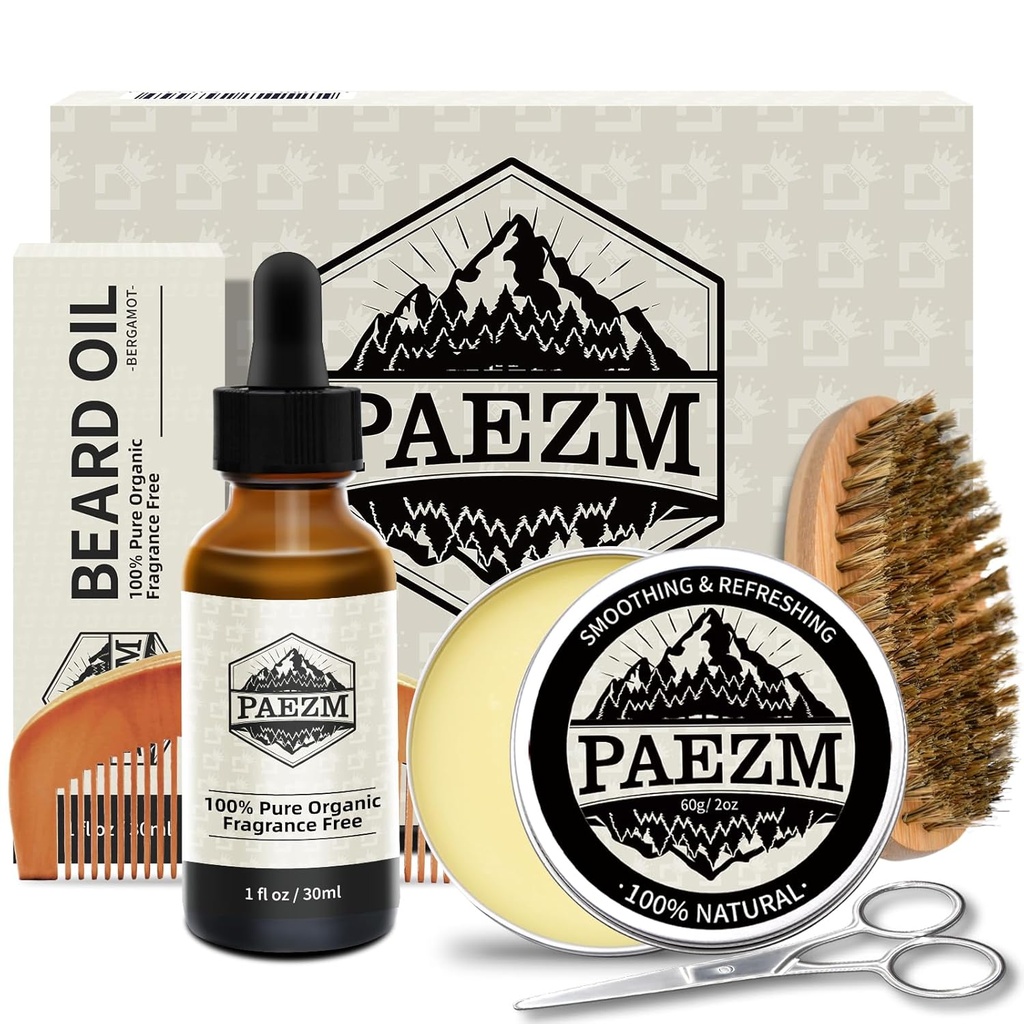 5 Piece Beard Grooming Kit for Men, including All Natural Beard Oil, Beard Balm with Sweet Orange Scent, Comb, Scissors, Storage Bag, Beard Care Set Christmas Birthday Father's Day Gift for Him