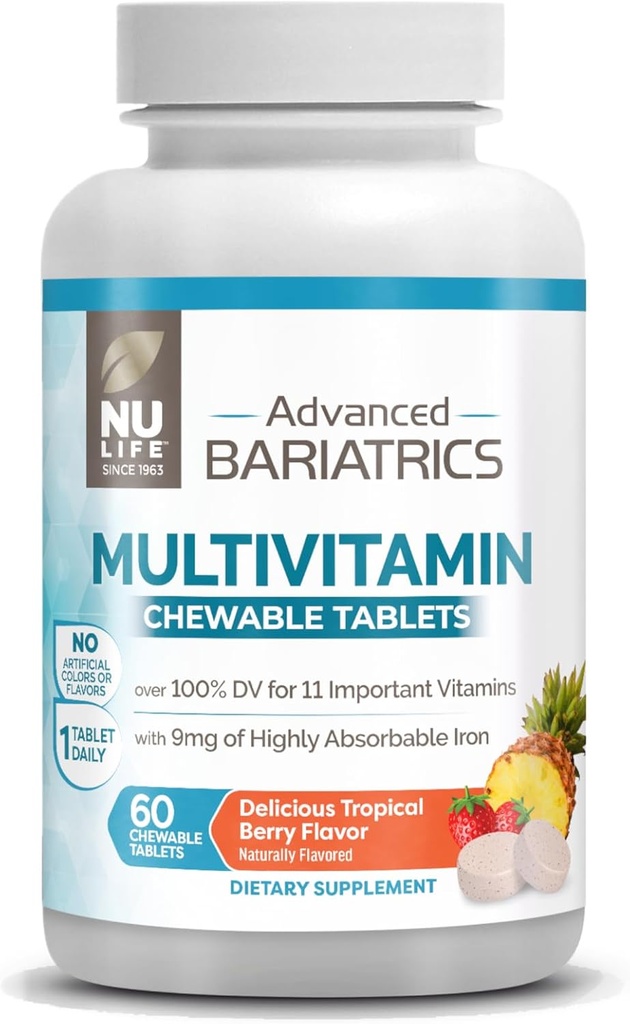 NU LIFE Advanced Bariatrics Multivitamin Chewable Tablets, Bariatric Mulivitamin med järn - Tropical Berry (60 Chewable Tablets) (Packaging May Vary)