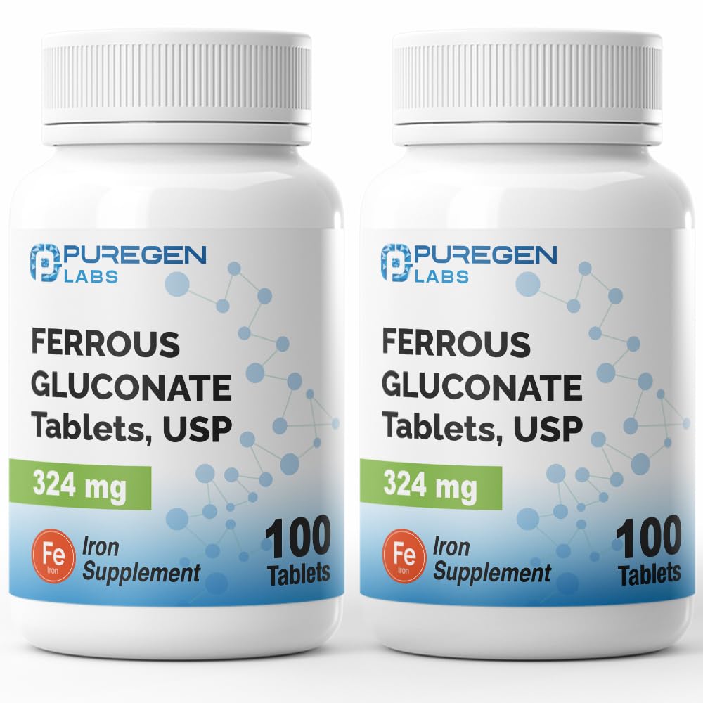 Puregen Labs Ferrous Gluconate 324 mg [High Potency] Järntillskott, Gentle på mage | 2 Pack - 200 tabletter Totalt