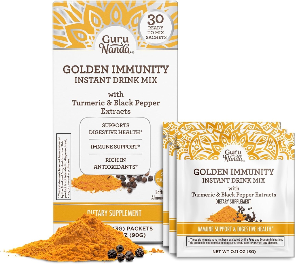GuruNanda Golden Immunity Instant Drink Mix med gurkmeja & svartpeppar - Rik i antioxidanter för att stödja immunsystem & Digestive Health - Saffron & Almond smaksatt, On-The-Go Sachets (30 greve)