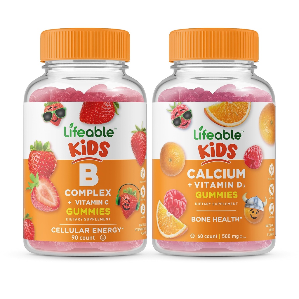 Livliga B-komplexa barn + kalcium med vitamin D-barn, Gummies Bundle - Great Tasting, Vitamin Supplement, Gluten Free, GMO Free, Chewable Gummy