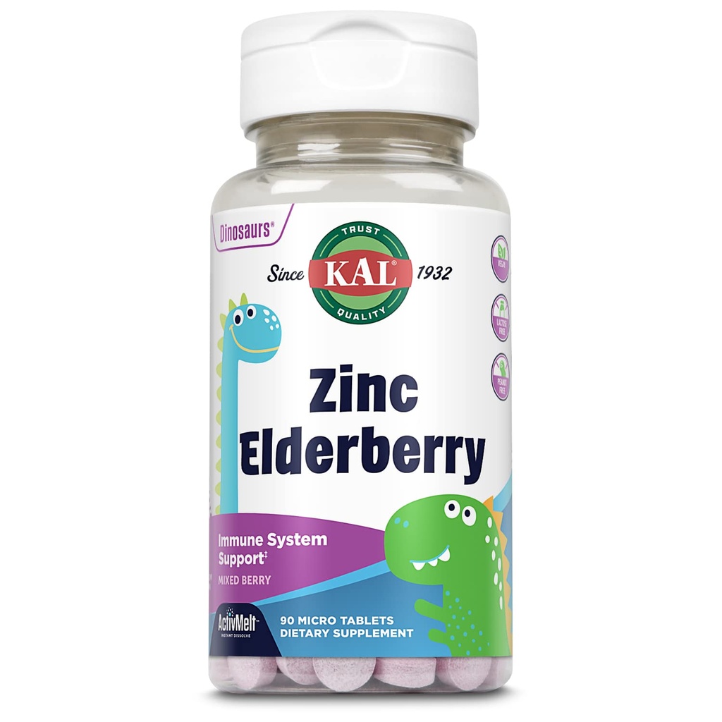 KAL Kids Zinc Elderberry Dinosaurs, Immune Support Supplement* för barn w / Sambucus Elderberry, Snabbupplösning Mixed Berry ActivMelts, Fun, Tasty Dino Shapes, Vegan, 90 Servings, 90 Micro Tablets
