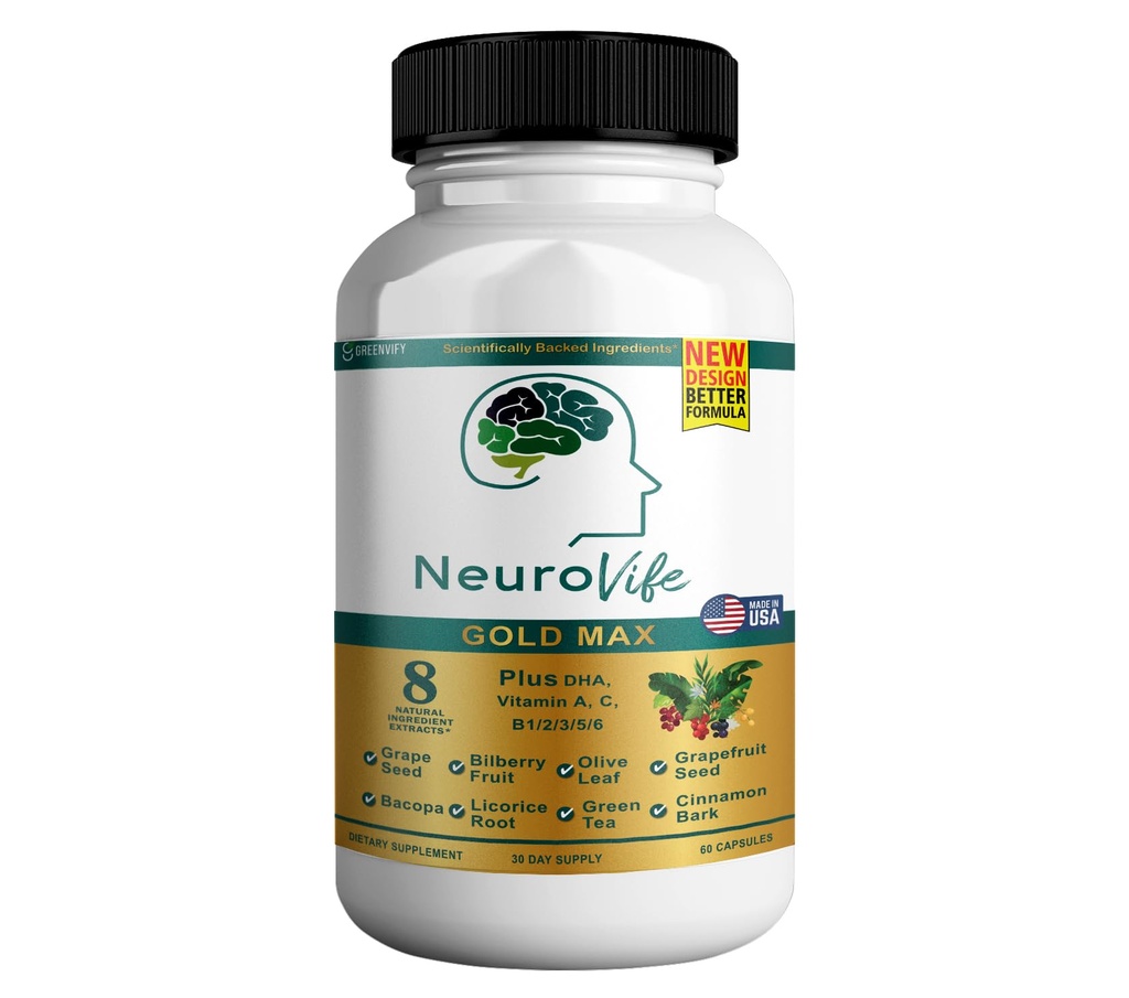 NeuroVife Gold Max Brain Support Supplement | 8 naturliga extrakt med DHA, vitamin A, C, B Complex | 60 Veggie kapslar | Made in USA (1)