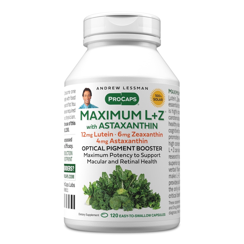 ANDREW LESSMAN Maximal L + Z med Astaxanthin 120 Softgels - 12mg Lutein, 6mg Zeaxanthin, 4mg Astaxanthin. Viktiga näringsämnen för att stödja ögon och hjärnhälsa och främja hälsosam vision.