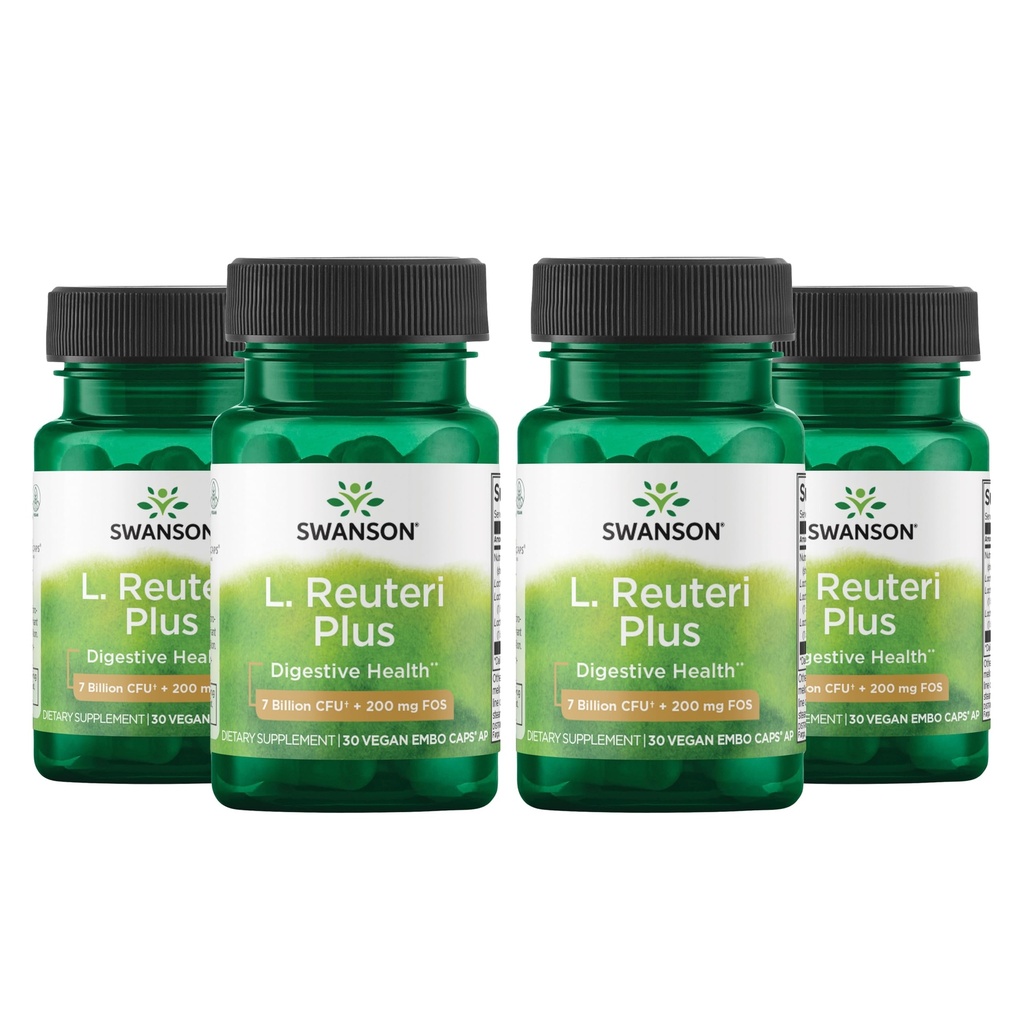 Swanson L. Reuteri Probiotic Plus w/L. Rhamnosus L. Acidophilus & FOS Prebiotic Digestive Support - Främjar Gut Health w/7 Billion CFU per Capsule - (30 Veggie Capsules) (4 Pack)