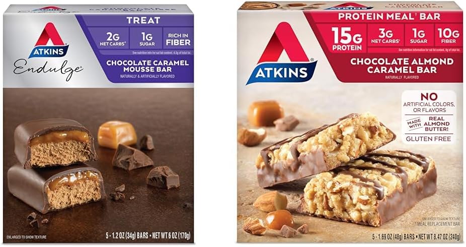 Atkins Endulge Chocolate Caramel Mousse Bar, Dessert Favorite, 1g Sugar, High in Fiber, 5 Count & Chocolate Almond Caramel Bar, Keto-Friendly, Gluten Free med Real Almond Butter, 5 Count (Pack av 1)