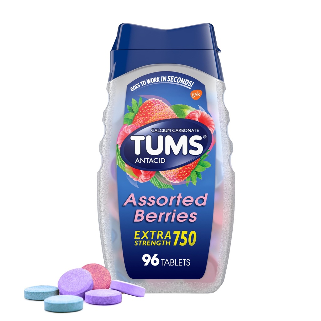 TUMS Extra Strength Assorted Berries Antacid tabletter för Heartburn Relief, 96 räkna