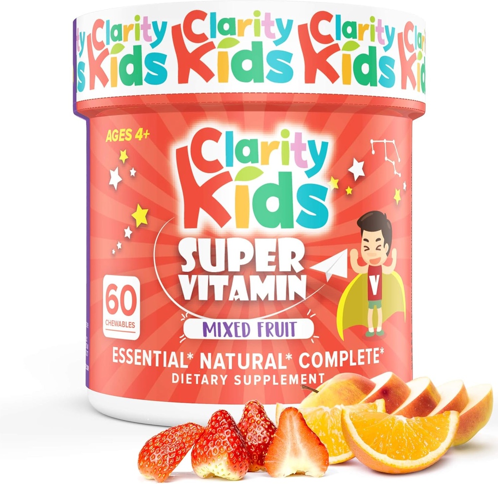 Clarity Kids Super Vitamin Multivitamin för barn | Vitamin C, D-vitamin och Zink | All Natural Chewable for Child Immune Support | USA Made Supplement | 60 Piece (30 Day Supply)
