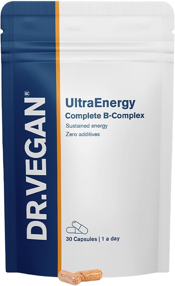 DR.VEGAN UltraEnergy | Hög styrka B Vitamin Complex, 30 Vegan-Friendly Capsules | Inkluderar vitamin B12 (100ug), Choline (50mg), Biotin (50ug) och Folate (200ug) | One-A-Day