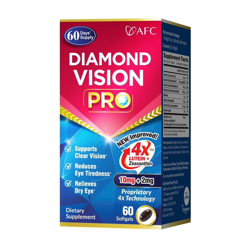 AFC Japan Diamond Vision PRO - Förbättrad, Up-Sized Formel - Lutein & Zeaxanthin 4X med ögonvitaminer - Visuell hälsotillskott för vuxna, Screen Exposure, Night Use, 60 Softgels