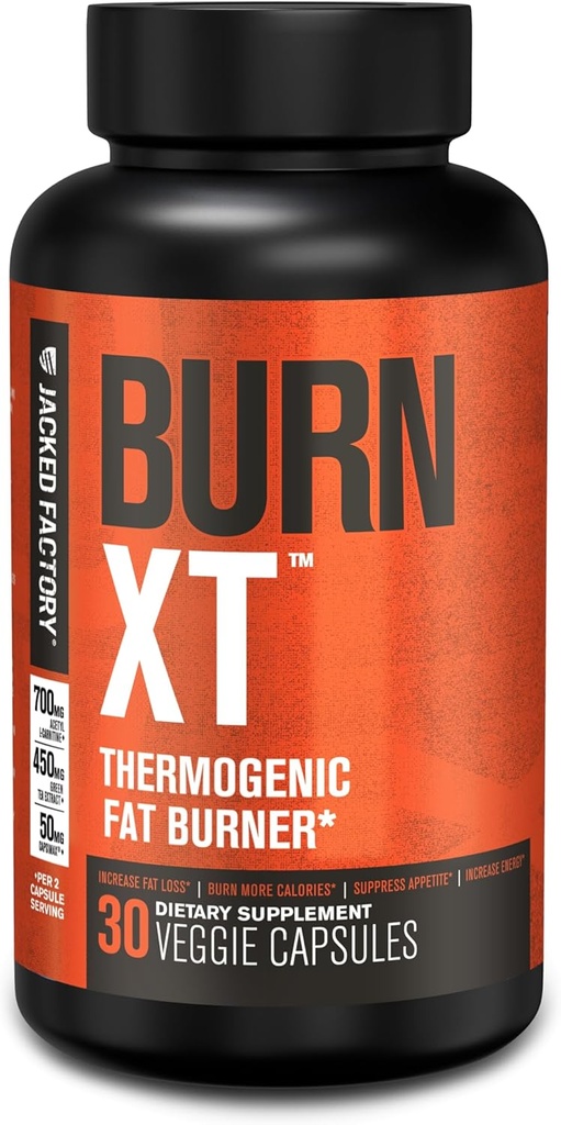 Jacked Factory Burn-XT för män och kvinnor - Förbättra fokus och öka energi - Premium Acetyl L-Carnitine, Green Tea Extract, Capsimax Cayenne Pepper, & More - 30 Natural Veggie Pills