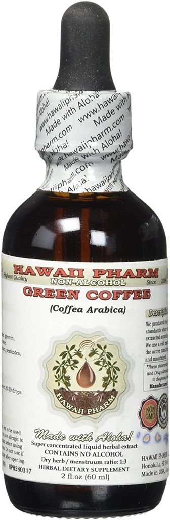 Green Coffee Alcohol-Free Liquid Extract, Green Coffee (Coffea Arabica) Torkade Bean Glycerite Hawaii Pharm Natural Herbal Supplement 2 oz