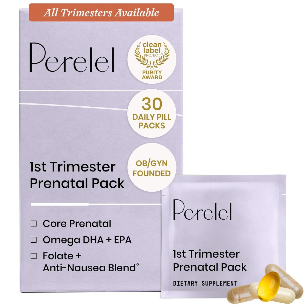Perel 1st Trimester Prenatal Pack, Multivitamin med folat, vitamin D, Omega 3, Iron & Ginger, Näringsstöd för tidig graviditet, Soy & Gluten Free, Non GMO, 30 Daily Pill Packs