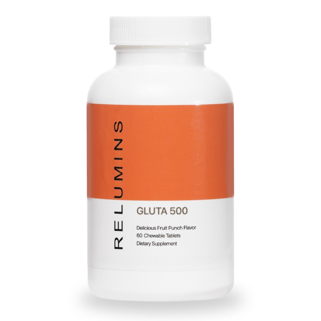 Relumins Gluta 500 Chewable Tablets med Glutathione, Hyaluronic Acid, Vitamin C, Biotin & Collagen - Stöder Hud Ton & Glow - Fruit Punch Flavor - Made in USA - 60 tabletter