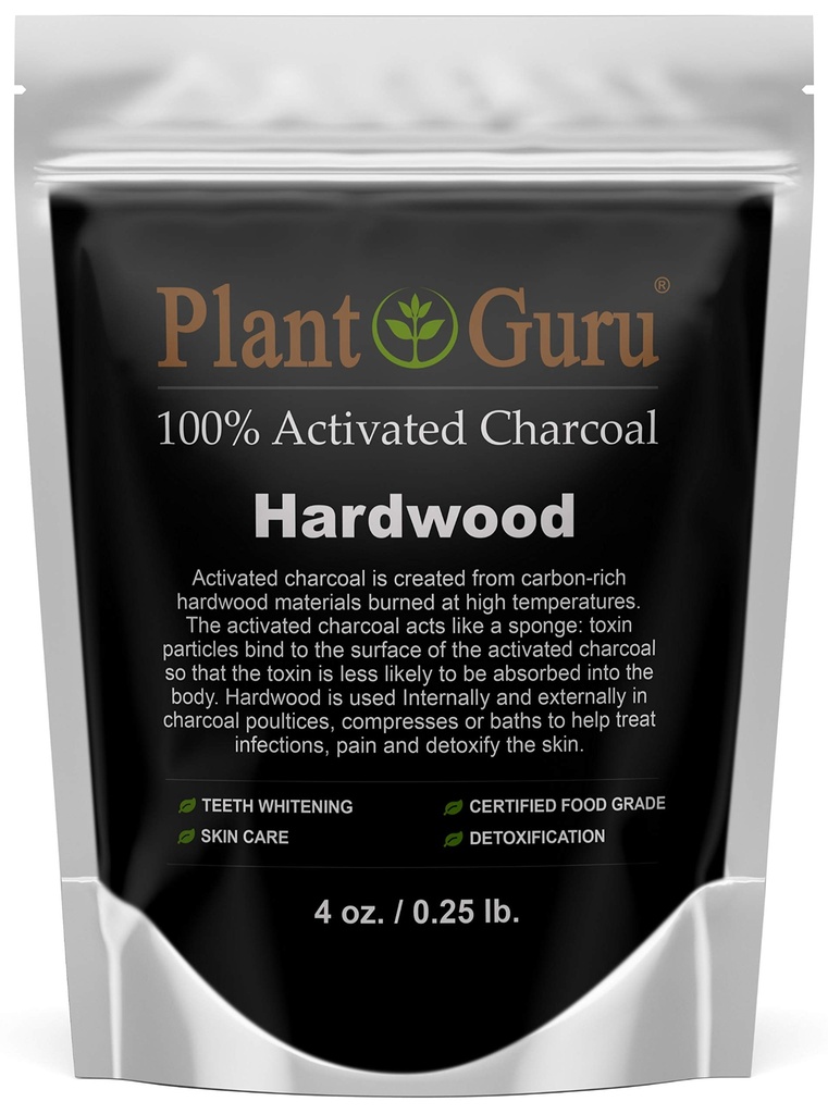 Plant Guru aktiverad kolpulver 4 oz. HARDWOOD - Food Grade Kosher Non-GMO - Teeth Whitening, Facial Mask och Soap Making. Främjar naturlig avgiftning och hjälper matsmältningen
