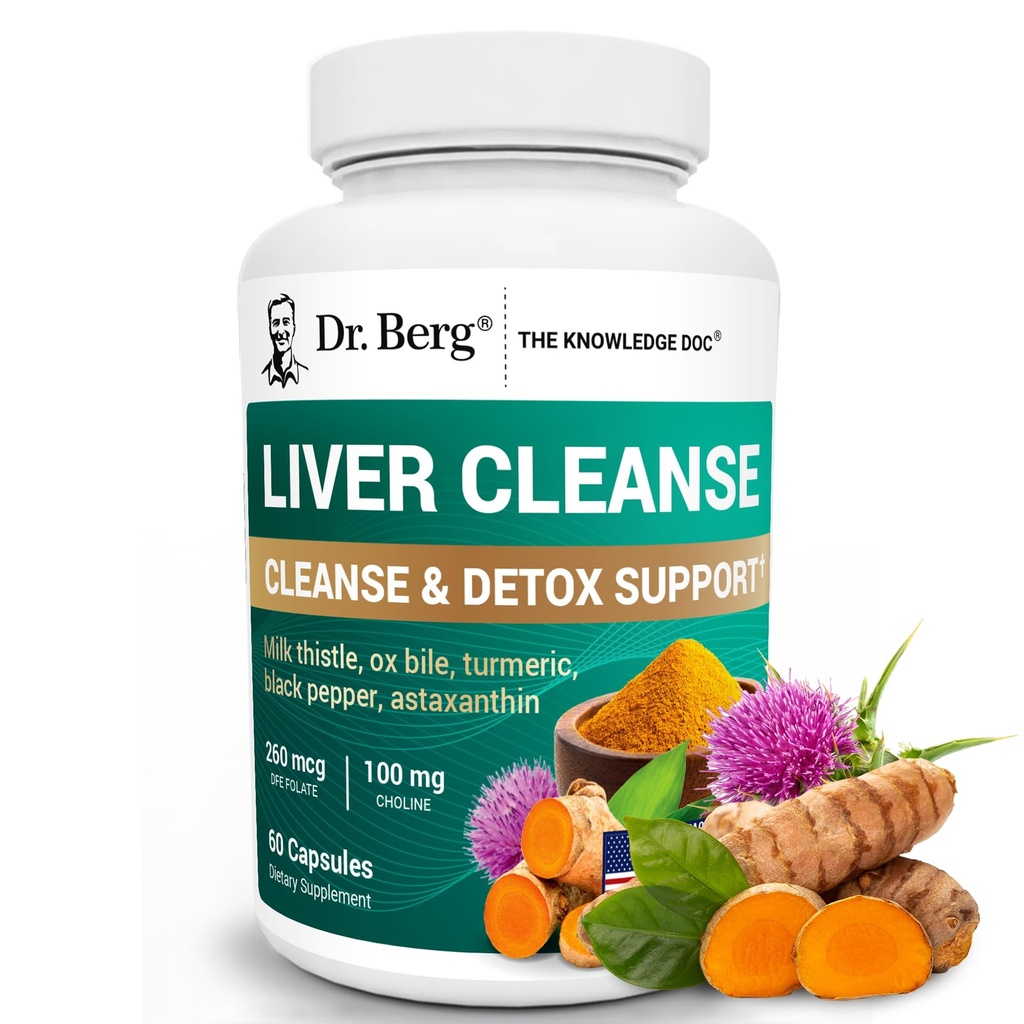 Dr Berg Liver Cleanse Detox Capsules w/Unique Blend of Milk Thistle, Ox Bile & Folate - Lever Supplement Inkluderar gurkmeja, Black Pepper & Choline - 60 kapslar