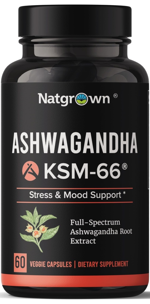 Natgrown Ashwagandha KSM 66 Tillägg 600 mg - Stress, humör och atletiskt stöd - organisk KSM66 Root Extract med 5% Withanolider - Vegan kapslar - 60 greve