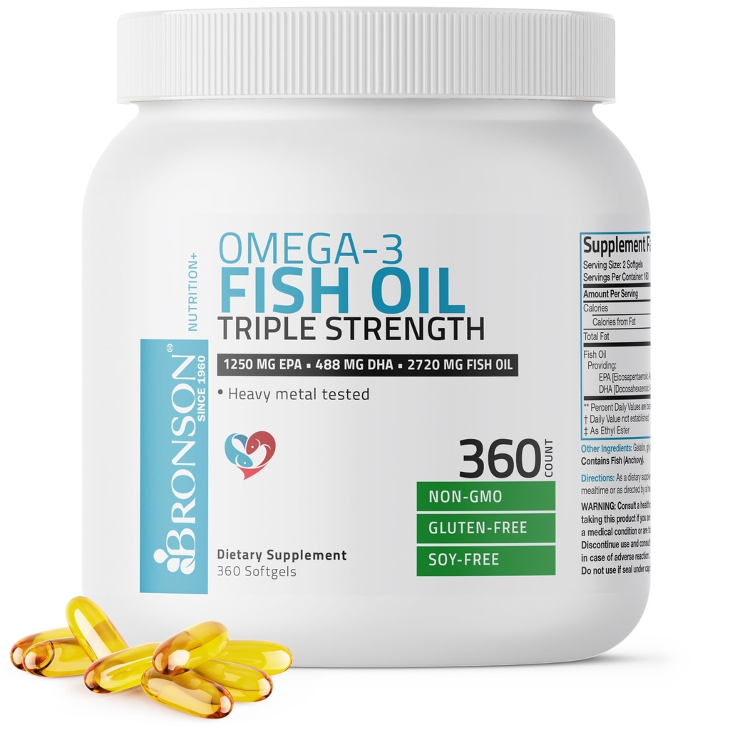 Bronson Omega 3 Fish Oil Triple Strength 2720 mg, High EPA 1250 mg DHA 488 mg, Non-GMO Heavy Metal Tested, 360 Softgels
