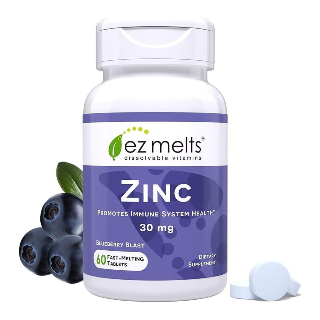 EZ Melts Zinc - Supplement for Immune, Digestive & Skin Health Support - Non-GMO, Vegan & Gluten-Free - Blueberry Blast - 60 Dissolvable Tablets (60 Servings)