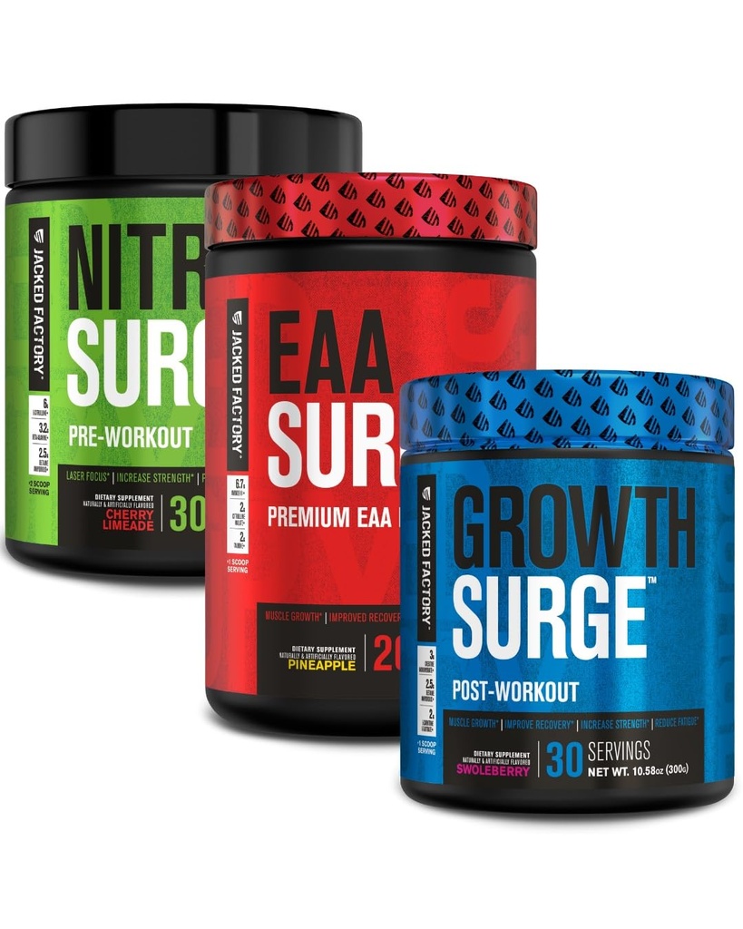 Jacked Factory Nitrosurge Pre Workout, EAA Surge Essential Aminosyror, Tillväxtöverskott Post Träning Muskel Builder Bundle