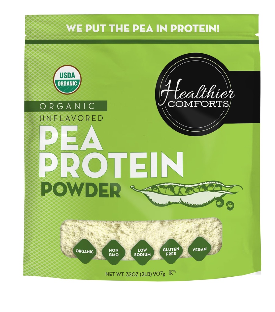 Healthier Comforts Organic Unflavored Pea Protein Powder - Low Sodium (2 lb.) | USA Grown and Processed | 100% Plant Based Protein | Kosher, Gluten Free, Non-GMO, Keto Friendly (32oz)