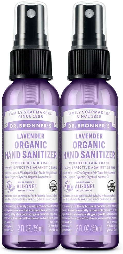 Dr Bronner's - Organic Hand Sanitizer Spray (Lavender, 2 Ounce, 2-Pack) - Enkel och effektiv formel, rengöring och sanitizes, inga hårda kemikalier, fuktar och rengör händer