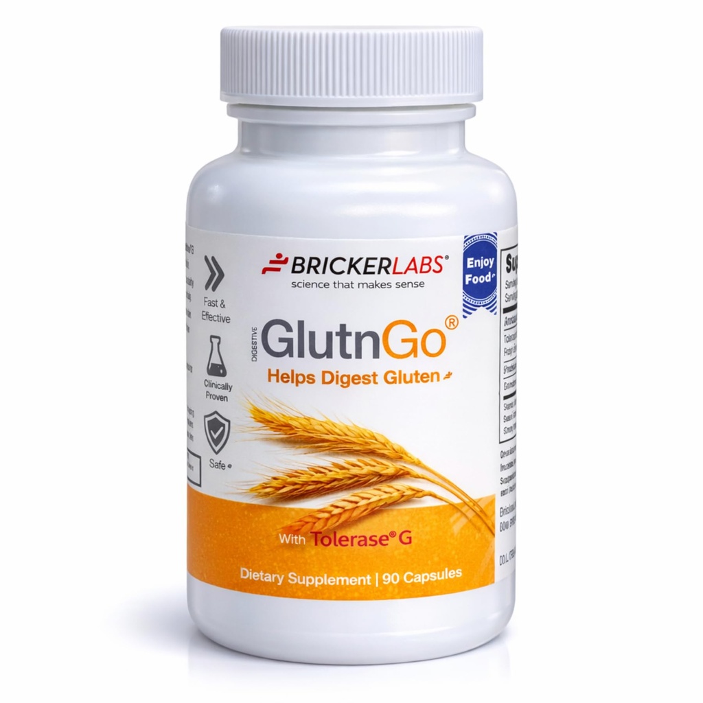 Bricker Labs GlutnGo med Tolerase G 100mg Digestion Supplement för Gluten Intolerans, kliniskt bevisad för att hjälpa Digest Gluten, Snabb, effektiv och säker Digestive Aid, 90 kapslar